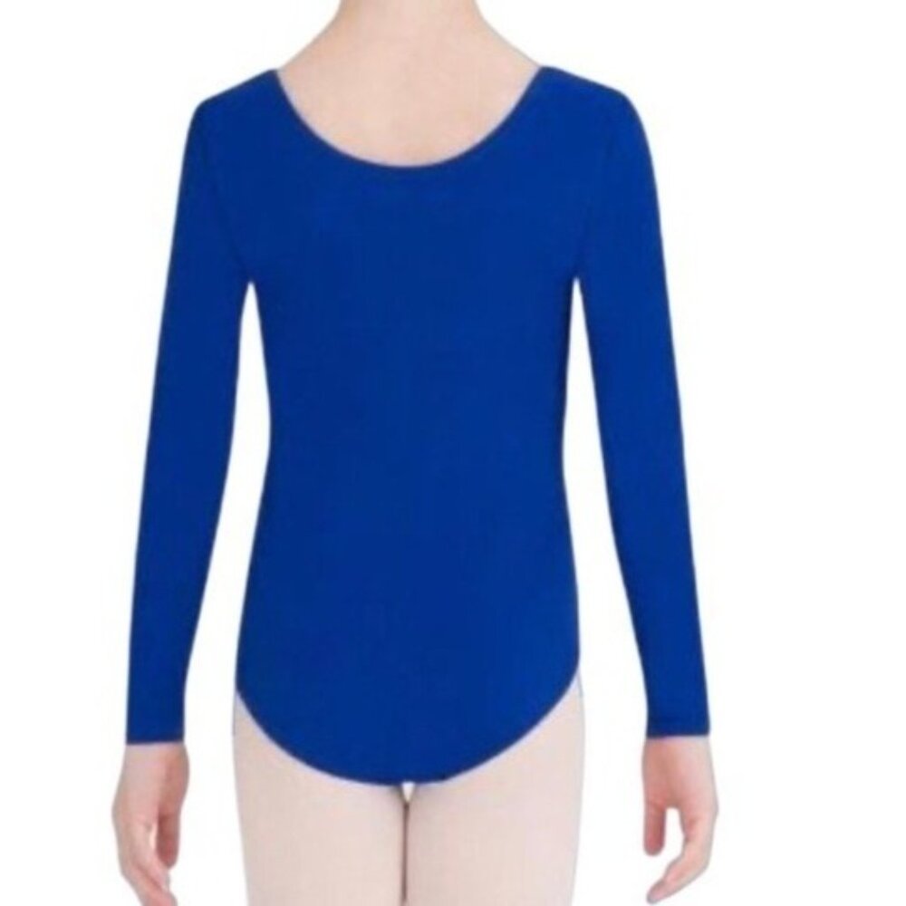 Danskin Childs Long Sleeve Leotard Cobalt Royal Blue Scoop Neck Class Size Small - Picture 2 of 8